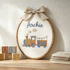 Handmade Train and Sailboat Embroidery: Personalized Baby Name Hoop