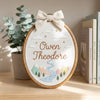 Hand-Embroidered Mountain Adventure Name Hoop: Woodland Nursery Keepsake