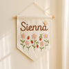 Handmade Linen Baby Name Banner: Floral Bee Embroidery, Nursery Wall Decor