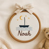 Custom Hand-Embroidered Sailboat Name Hoop: Birth Announcement Gift