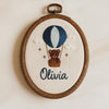 Hand Embroidered Baby Name Hoop: Bear in Hot Air Balloon, Nursery Decor