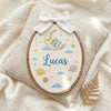 Hand-Embroidered Space Adventure Oval Hoop: Baby Name Announcement Sign