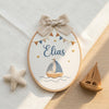 Handmade Train and Sailboat Embroidery: Personalized Baby Name Hoop