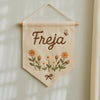 Handmade Linen Baby Name Banner: Floral Bee Embroidery, Nursery Wall Decor