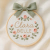 Hand Embroidered Floral Baby Name Hoop: Newborn Keepsake with Linen Bow