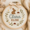 Baby name embroidery hoop with rabbit and mushroom florals, Clara ELiSE