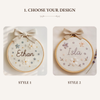 Hand-Embroidered Name Hoop with Linen Bow: Custom Baby Gift & Nursery Décor