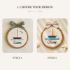 Hand-Embroidered Sailboat Name Hoop: Personalized Baby Name Wall Art with Linen Bow