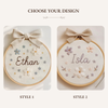 Hand-Embroidered Name Hoop with Linen Bow: Custom Baby Gift & Nursery Décor