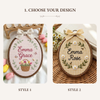 Choose your design panel showing two embroidered hoop styles: Emma Grace and Emma Rose