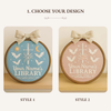 Hand-Embroidered Library Sign Name Hoop: Personalized Book Lover Gift, Bookshelf Decor