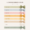 Ribbon color swatches chart with multiple ribbon shades and bow-style samples.