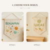 Handmade Linen Baby Name Banner: Universe Embroidery, Nursery Wall Decor