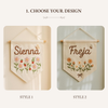 Handmade Linen Baby Name Banner: Floral Bee Embroidery, Nursery Wall Decor