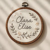 Handmade Floral Name Embroidery Hoop: Baby Girl Birth Announcement