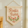 Handcrafted Linen Baby Name Pennant: Embroidered Floral Nursery Decor