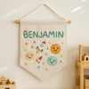Handmade Linen Baby Name Banner: Universe Embroidery, Nursery Wall Decor