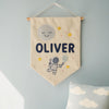 Personalized Baby Name Linen Banner: Hand-Embroidered Universe Nursery Decor