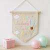 Personalized Baby Name Linen Banner: Hand-Embroidered Hot Air Balloon and Earth Nursery Decor