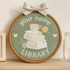Hand-Embroidered Library Sign Name Hoop: Personalized Book Lover Gift, Bookshelf Decor
