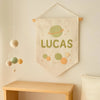 Handmade Linen Baby Name Banner: Universe Embroidery, Nursery Wall Decor