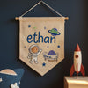 Personalized Baby Name Linen Banner: Hand-Embroidered Universe Nursery Decor