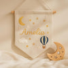 Personalized Baby Name Linen Banner: Hand-Embroidered Hot Air Balloon and Earth Nursery Decor