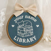 Hand-Embroidered Library Sign Name Hoop: Personalized Book Lover Gift, Bookshelf Decor