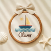 Hand-Embroidered Sailboat Name Hoop: Personalized Baby Name Wall Art with Linen Bow