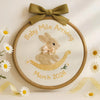Baby Arriving Hand Embroidered Hoop: Custom Bunny Design
