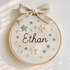 Hand-Embroidered Name Hoop with Linen Bow: Custom Baby Gift & Nursery Décor