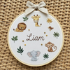 Personalized Nursery Animal Hoop: Hand-Embroidered Baby Name Sign