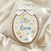 Hand-Embroidered Space Adventure Oval Hoop: Baby Name Announcement Sign