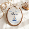 Personalized Coastal Nursery Name Hoop: Hand-Embroidered Sailing Adventure Keepsake