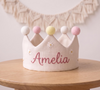 Personalized Linen Birthday Crown, Hand-Embroidered Name, First Birthday Keepsake