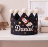 Personalized Embroidered Linen Birthday Crown, Space Rocket Design, First Birthday Keepsake