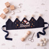 Personalized Embroidered Linen Birthday Crown, Space Rocket Design, First Birthday Keepsake