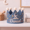 Personalized Embroidered Linen Birthday Crown, Space Rocket Design, First Birthday Keepsake