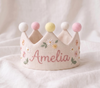 Personalized Linen Birthday Crown, Hand-Embroidered Name, First Birthday Keepsake