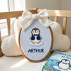 Custom Embroidered Sheep & Penguin Name Hoop: Striped Fabric Nursery Decor