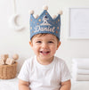 Personalized Embroidered Linen Birthday Crown, Space Rocket Design, First Birthday Keepsake