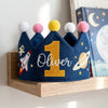 Personalized Embroidered Linen Birthday Crown: Space or Ocean Theme (1-3 Years)