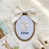 Custom Embroidered Sheep & Penguin Name Hoop: Striped Fabric Nursery Decor