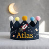 Hand-Embroidered Space Crown, Custom Name & Age, Linen Birthday Hat (1-3 Years)