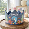 Custom Name Hand-Embroidered Ocean Crown, Dolphin or Pufferfish Birthday Party Hat