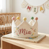 Hand-Embroidered Linen Birthday Crown: Custom Name & Age, Floral Details