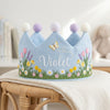 Personalized Hand-Embroidered Linen Birthday Crown, Spring Garden Floral Design