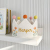 Neutral Boho Floral Birthday Crown, Custom Name Daisy and Peach Floral Linen Hat