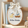 Embroidered Ducking Sailboat Hoop, Baby Boy Room Art, Newborn Keepsake, Hand-Embroidered Wall Decor Sign