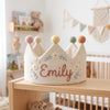 Hand-Embroidered Linen Birthday Crown, Personalized Name Hat, Baby Shower Keepsake